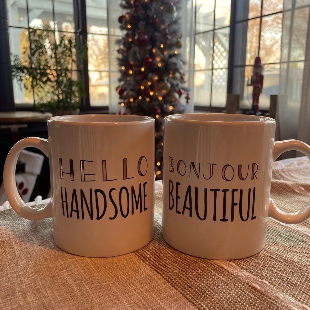 Set of two large coffee mugs, hello handsome and bonjour beautiful!